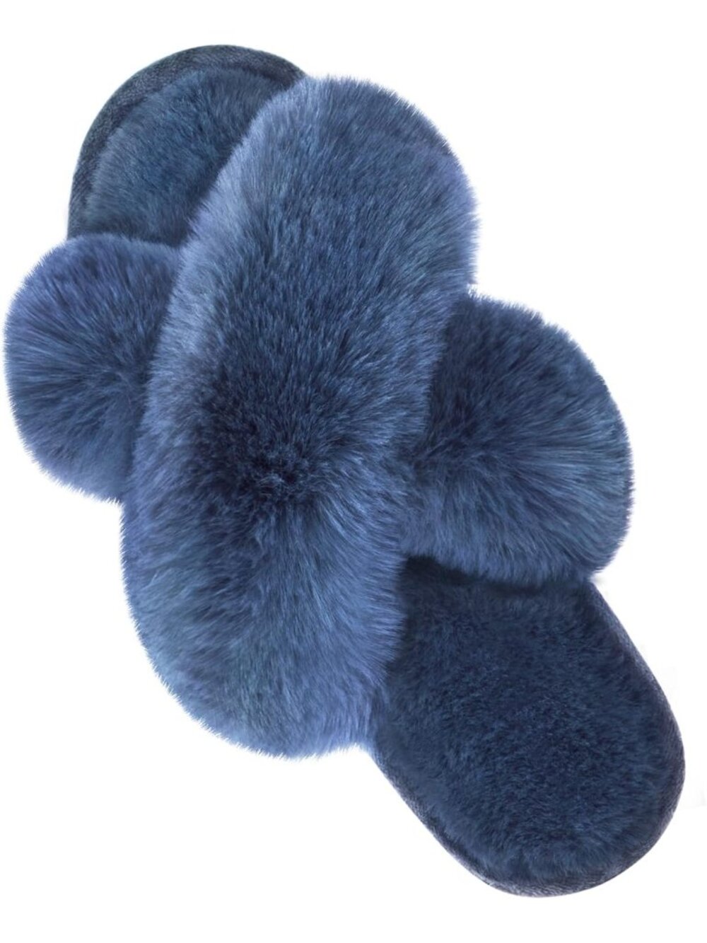 Women's Navy Fuzzy Cross Band Slippers Memory Foam House Shoes Slip On